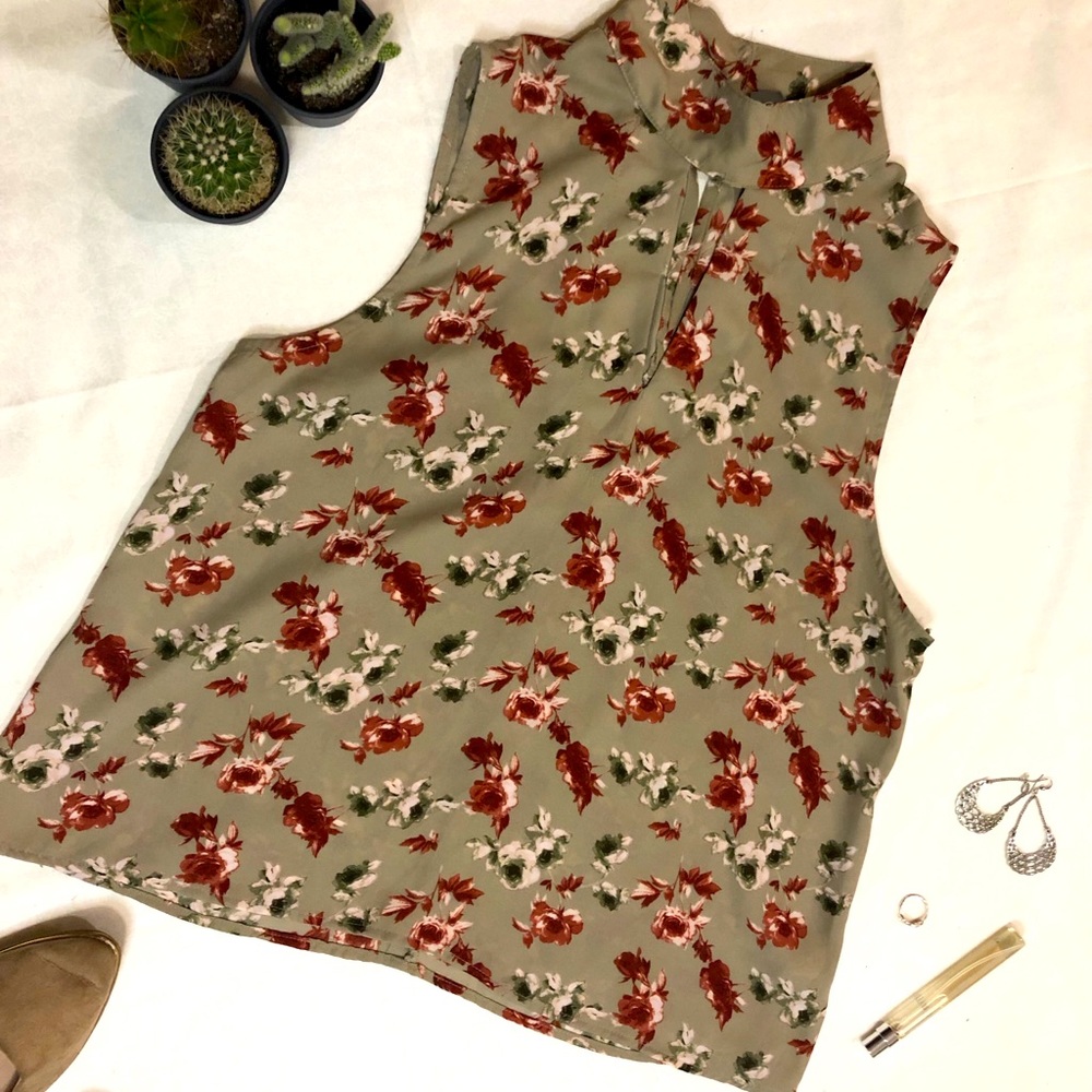 Olive Green Floral Sleeveless Blouse
